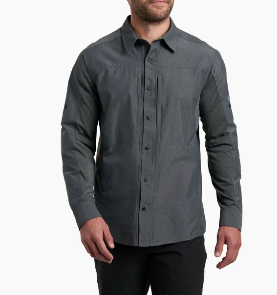 a model wearing the kuhl airspeed long sleeve mens shirt in the color carbon, front view