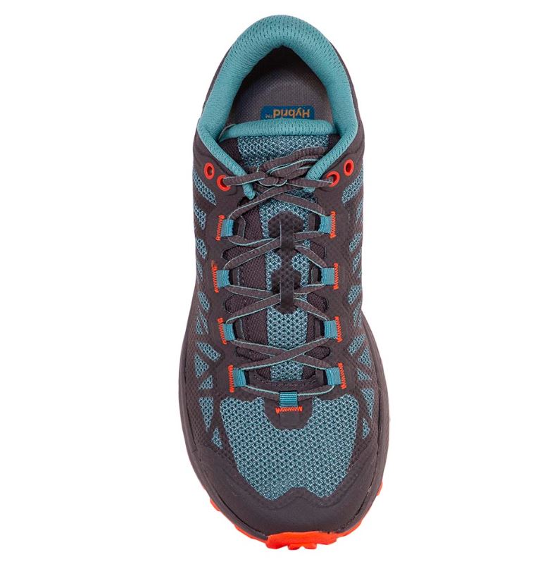 a photo of the la sportiva womens karacal in the color carbon/lagoon, top view