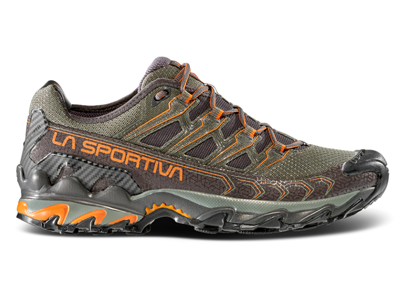the mens la sportiva ultra raptor 2 running shoe in the color carbon hawaiian sun side view