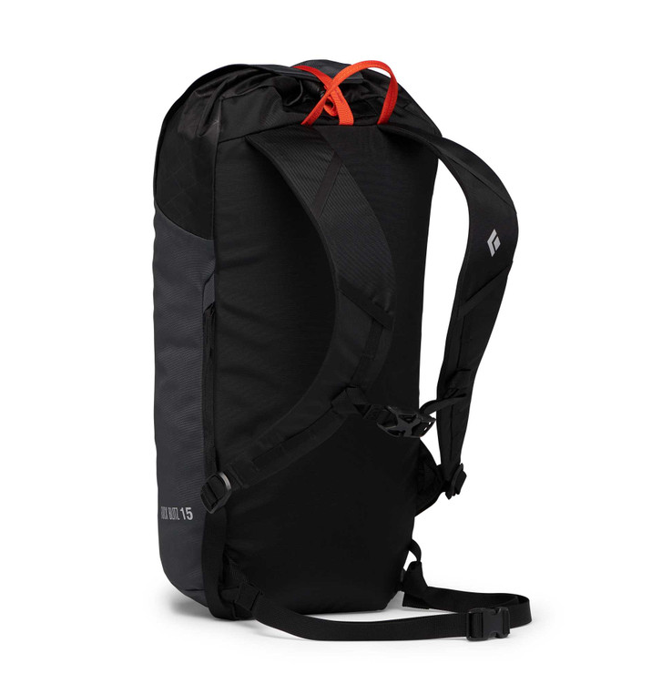 the black diamond rock blitz 15 litre pack in the color carbon, back view
