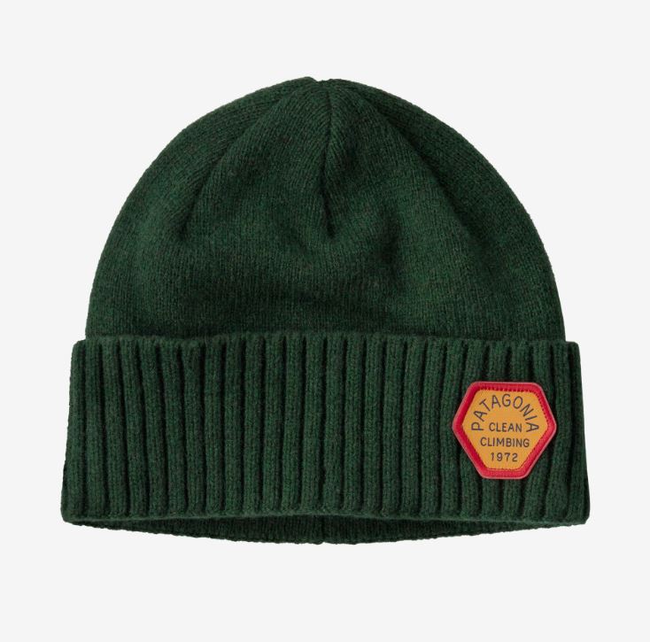 the patagonia brodeo beanie in the color clean climb patch: pinyon green