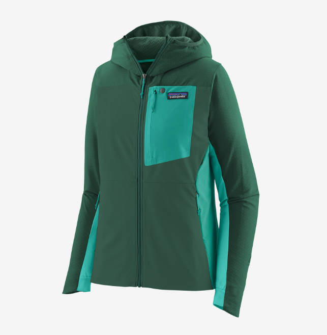 patagonia womens r1 cross strata hoody in the color conifer green, front view
