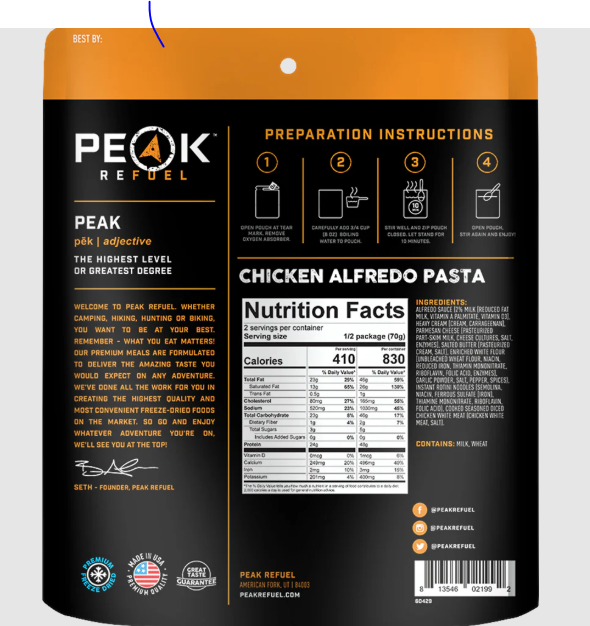 Peak Refuel Chicken Alfredo Pasta package with preparation instructions, nutrition facts, and branding details.