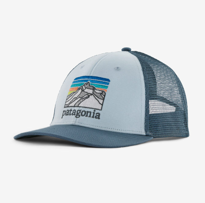 a photo of the patagonia line logo ridge lopro trucker hat in the color chilled blue