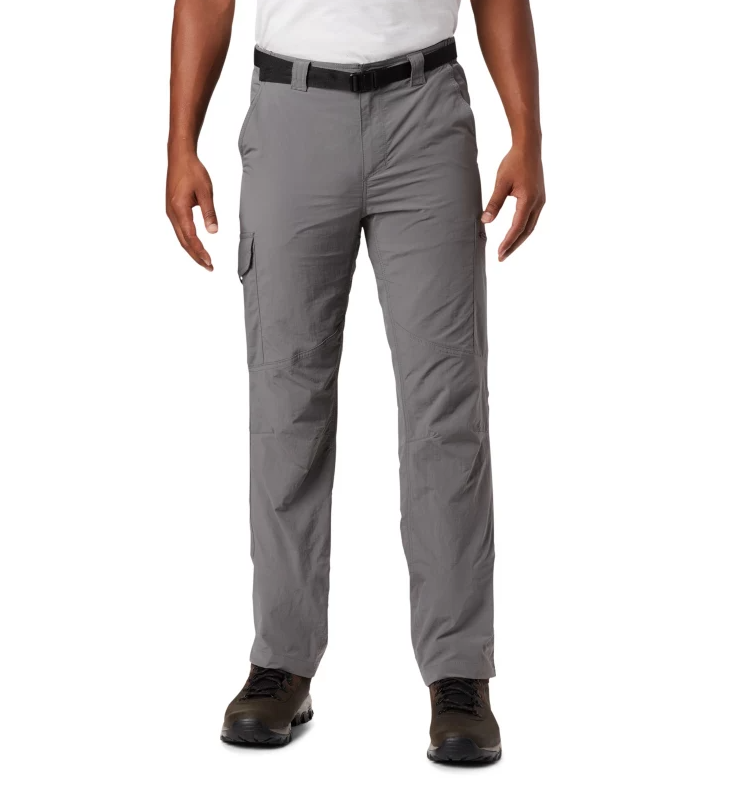 The Columbia mens silver ridge cargo pant in the color city grey, front view on a model