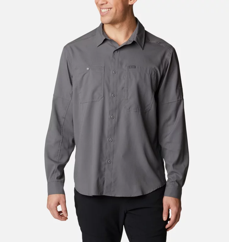 a model wearing the columbia mens silver ridge lite long sleeve shirt in the color city grey, front view