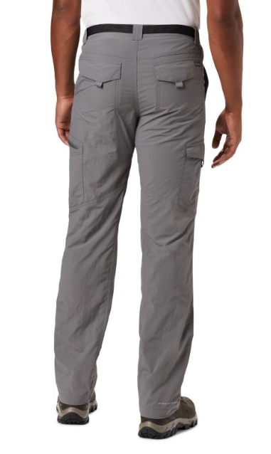 The Columbia mens silver ridge cargo pant in the color city grey, back view on a model