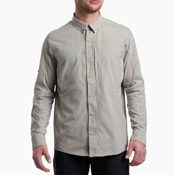 a model wearing the kuhl airspeed long sleeve mens shirt in the color cloud grey, front view