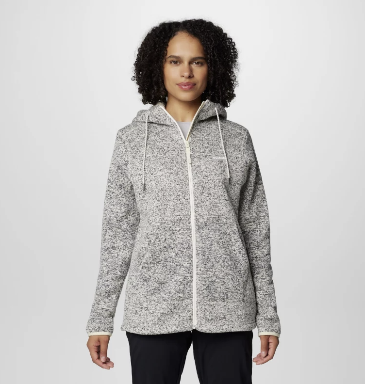 columbia womens sweater weather 2 full zip jacket in chalk heather, front view on a model