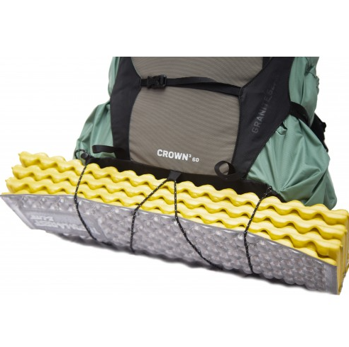 the granite gear crown3 60 liter unisex pack in green showing the sleeping pad attachment system