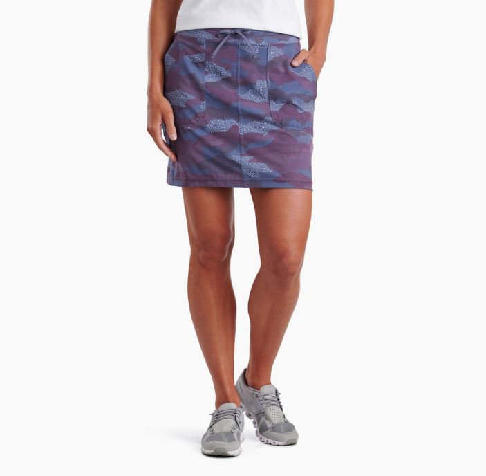 a model wearing the kuhl womens vantage skort in the color twilight print, front view