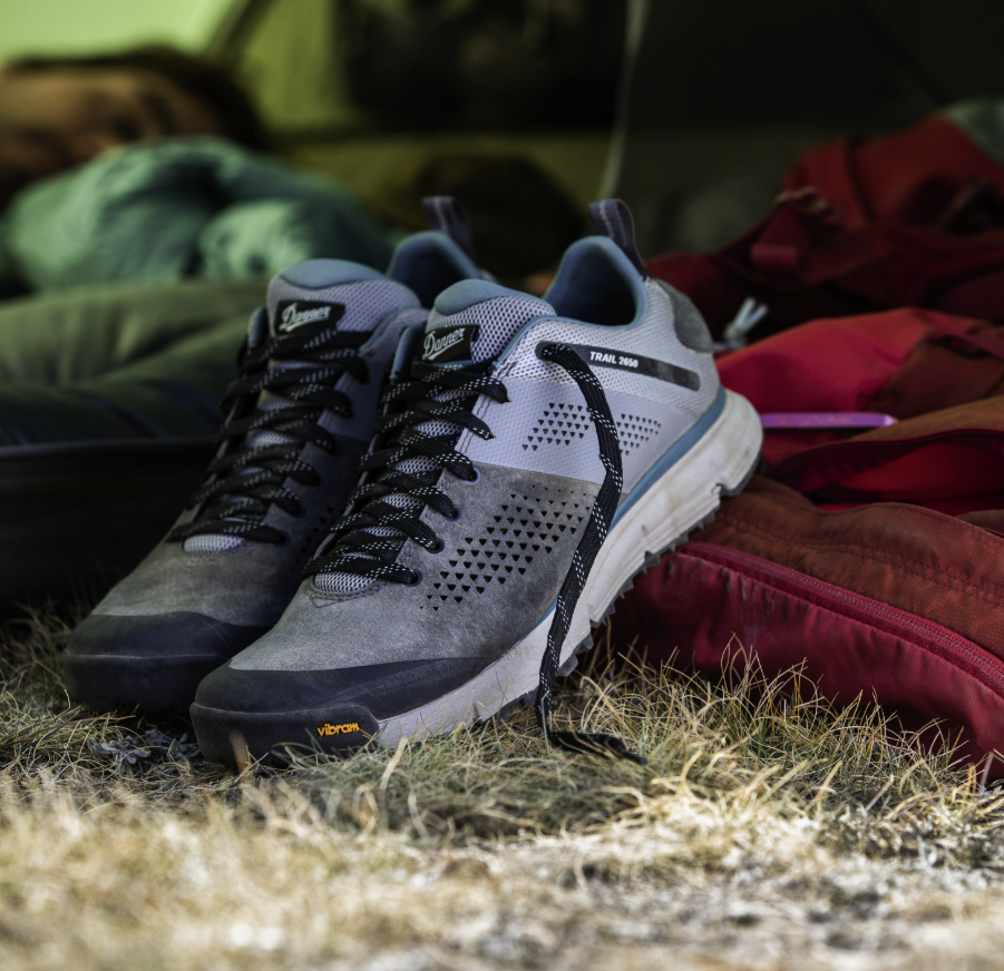 danner trail 2650 in charcoal both shoes out in nature