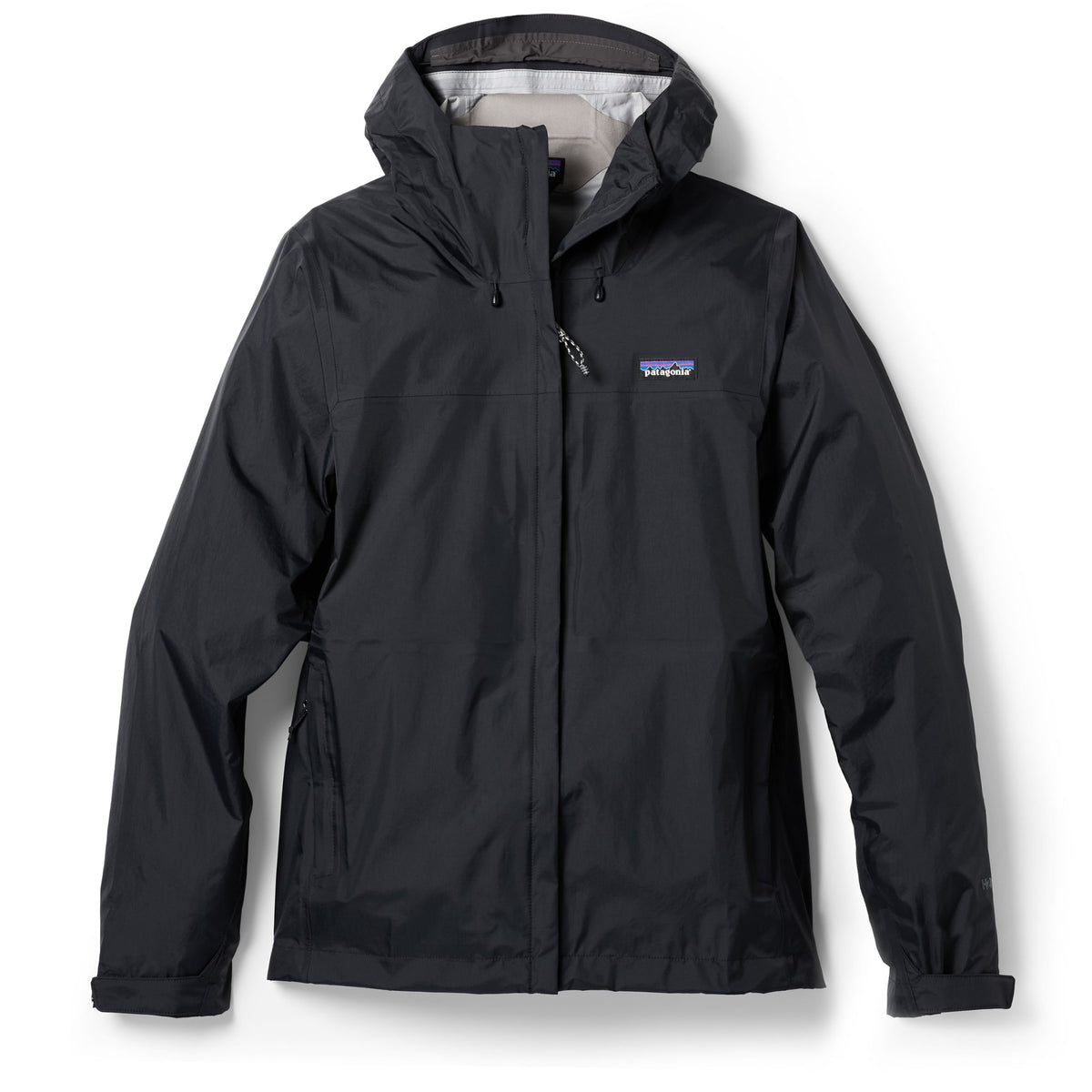 Black rain jacket with a brand logo on a white background