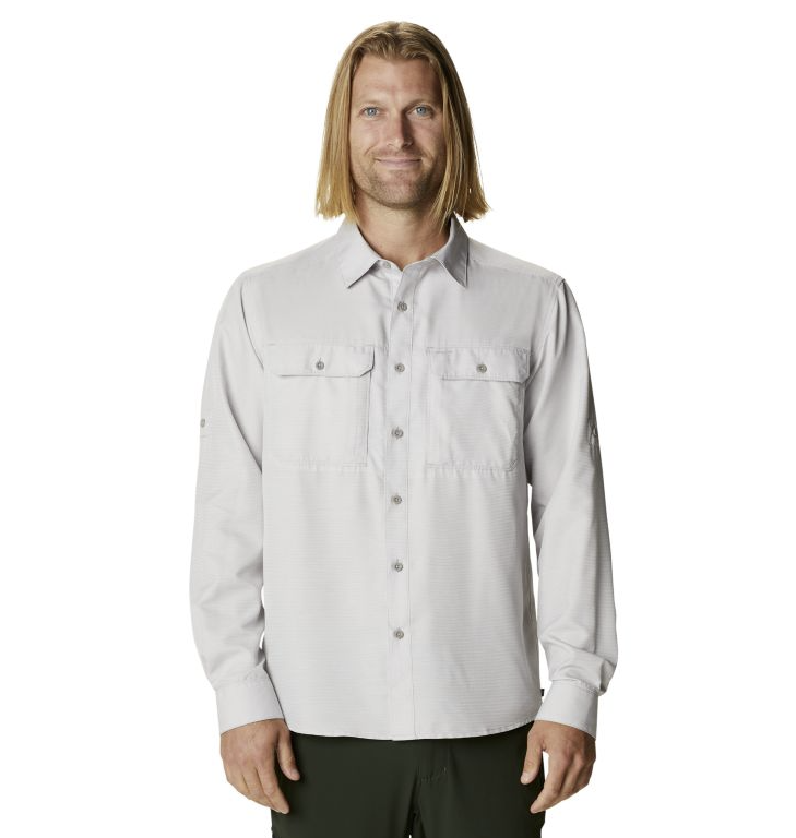 The mountain hardwear mens canyon long sleeve shirt in the color light dune, front view on a model