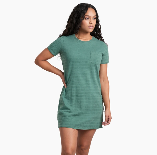 a model wearing the kuhl willa tee shirt dress in the color evergreen, front view