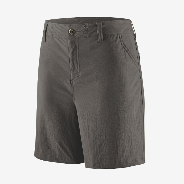 the patagonia 7 inch quandary short in color forge grey, front view