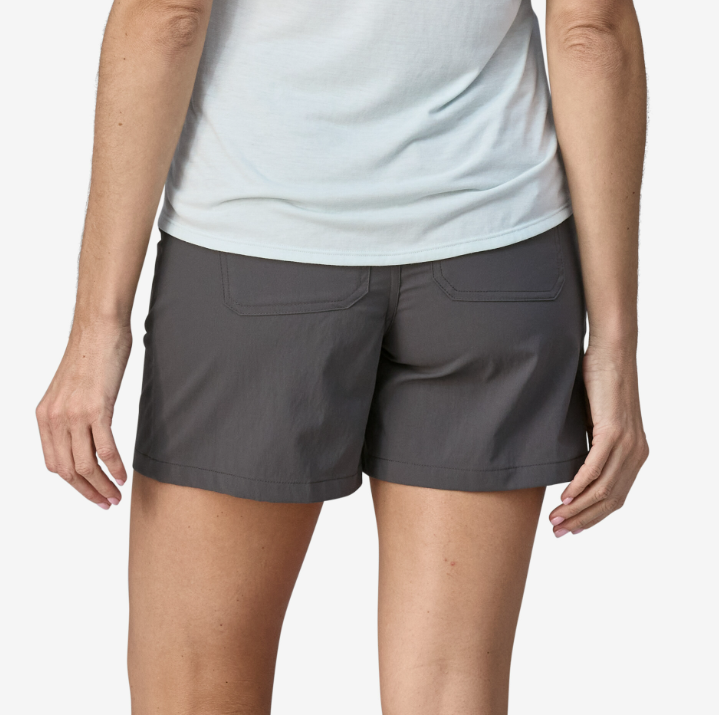 womens patagonia 5 inch quandary shorts in forge grey, back view on a model
