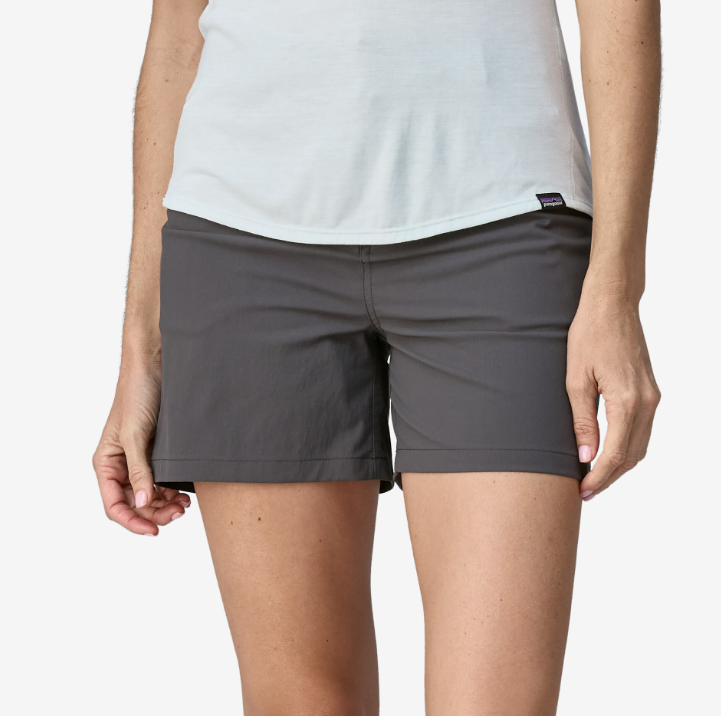 womens patagonia 5 inch quandary shorts in forge grey, front view on a model