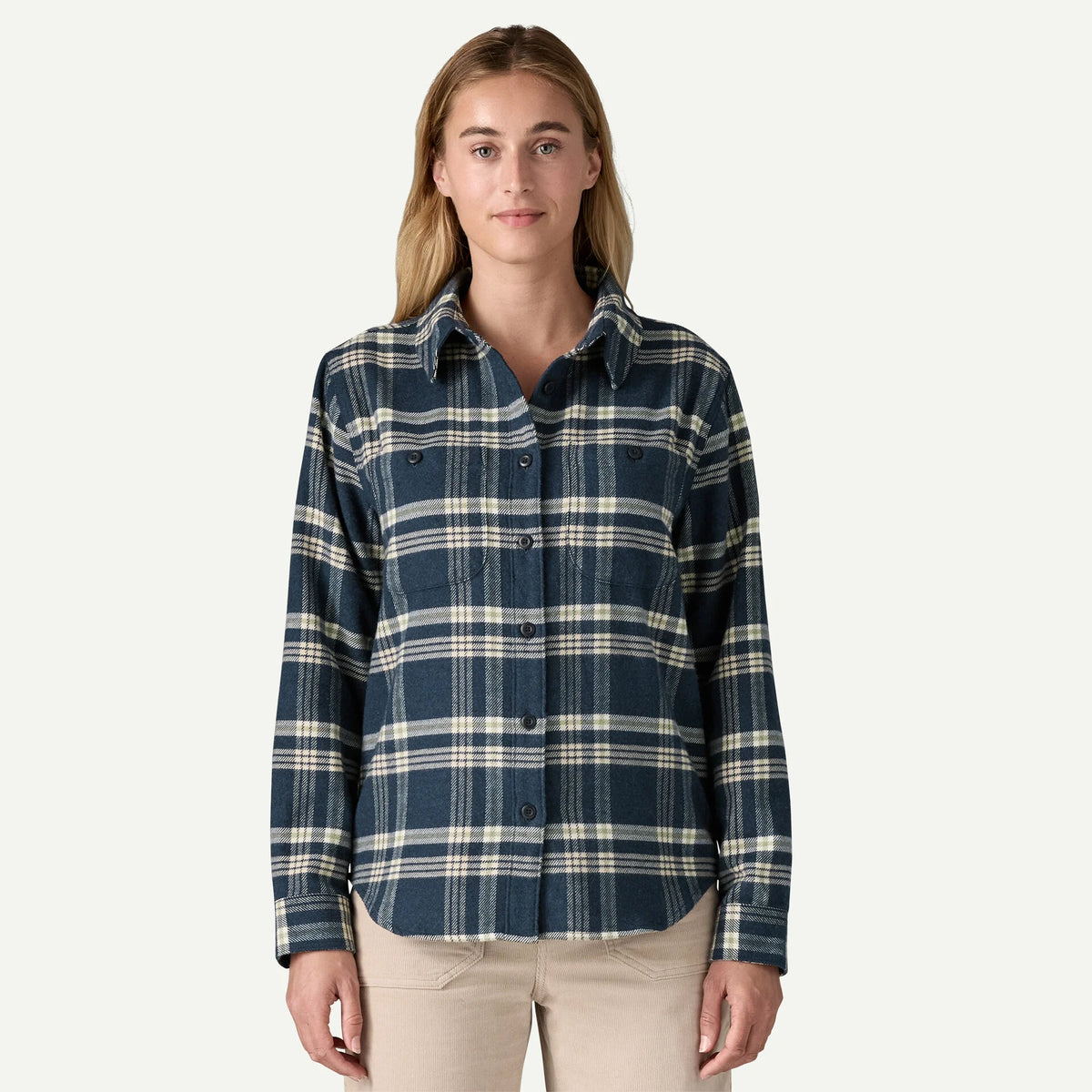 woman wearing blue and white flannel shirt