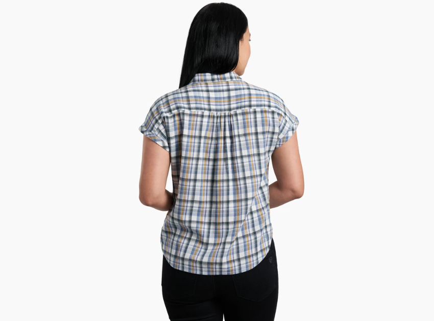 kuhl womens wylde shirt on a model in the color flint blue, back view