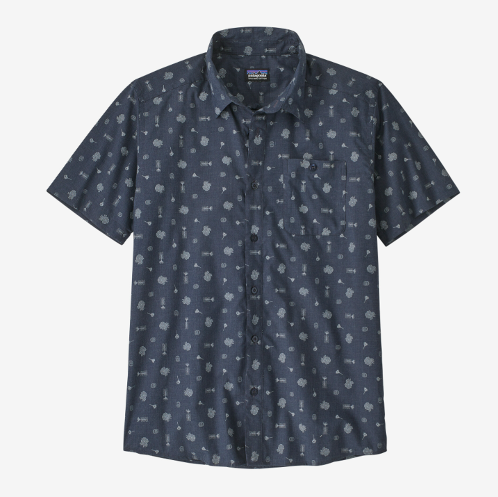 the patagonia mens go to shirt in fire floral new navy, front view