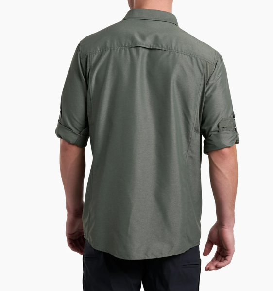 a model wearing the kuhl airspeed long sleeve mens shirt in the color dark forest, back view