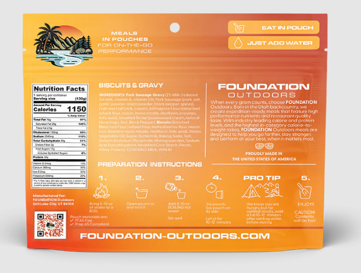 Foundation Outdoors meal package with nutritional information and preparation instructions on an orange background