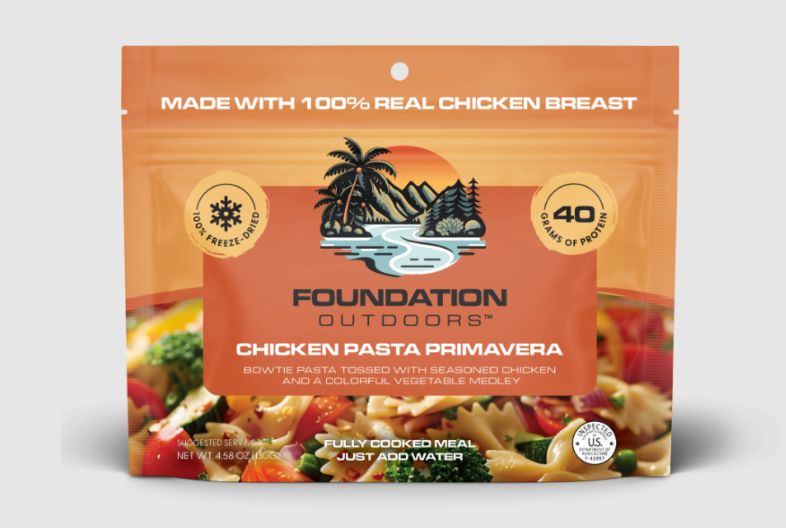 Foundation Outdoors Chicken Pasta Primavera package on a light gray background