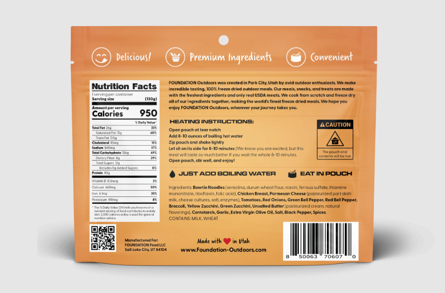 foundation outdoors chicken pasta primavera back of package