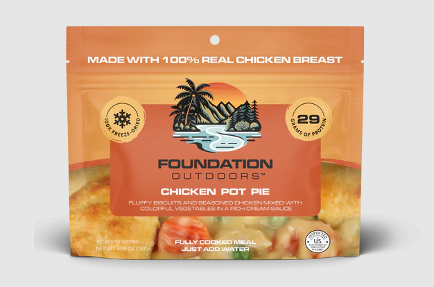 Foundation Outdoors chicken pot pie package on a light gray background