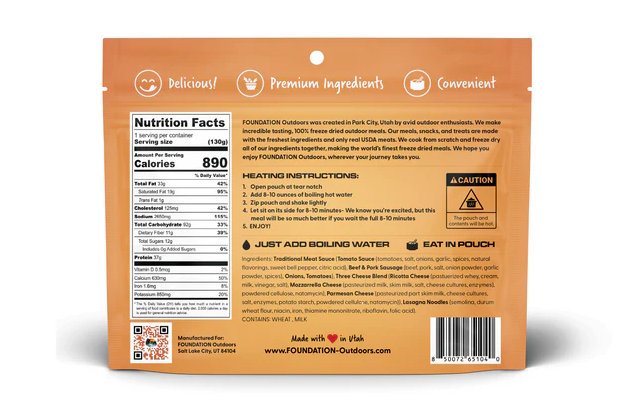 foundation outdoors lasagna back of package