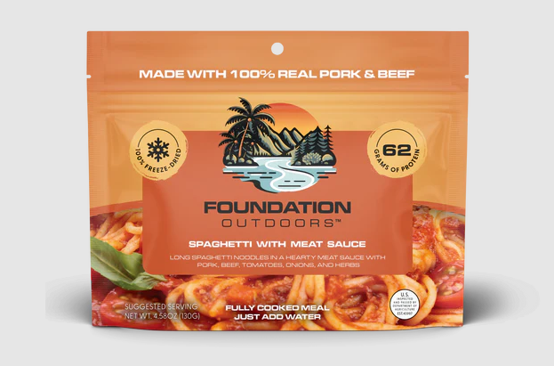 Foundation Outdoors spaghetti with meat sauce package on a white background