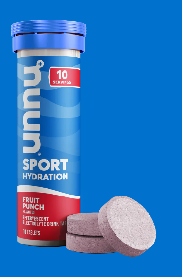 a bottle of nuun and some tablets in the flavor fruit punch