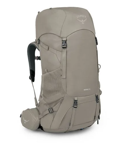 the osprey womens renn 65 backpack in the color grey, front view