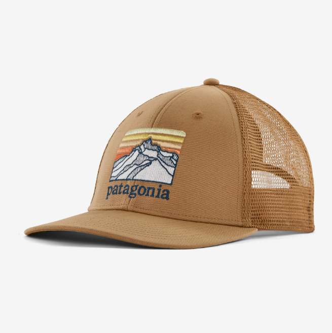 a photo of the patagonia line logo ridge lopro trucker hat in the color grayling brown