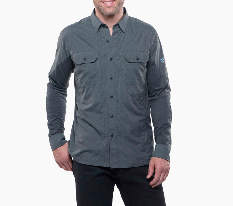 the kuhl mens airspeed long sleeve shirt in grey, front view on a model