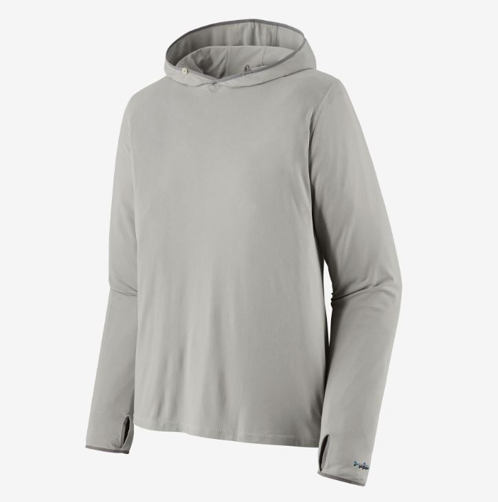 a photo of the mens patagonia tropic comfort sun hoody in the color tailored grey, front view