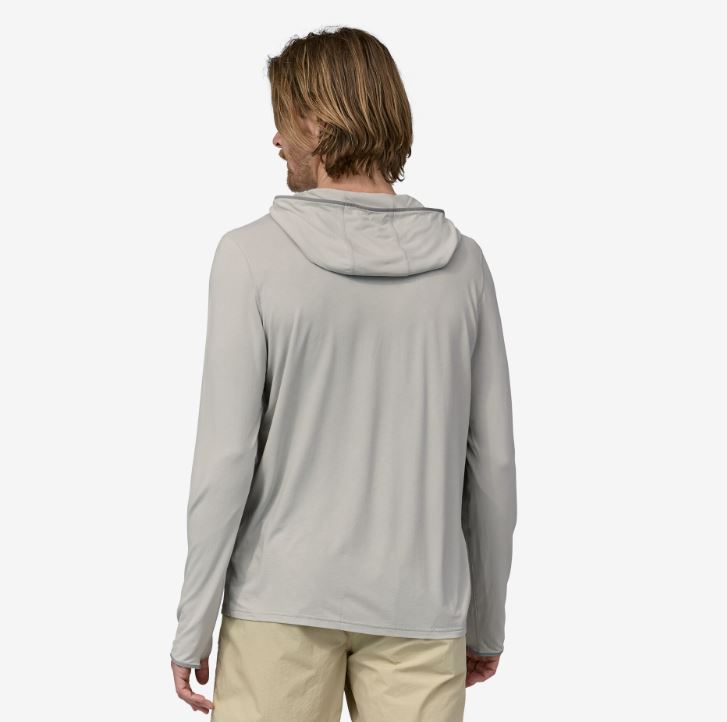 a photo of the mens patagonia tropic comfort sun hoody in the color tailored grey, back view on a model