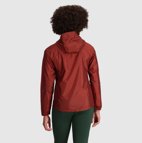 outdoor research womens helium rain jacket in color brick on model back view