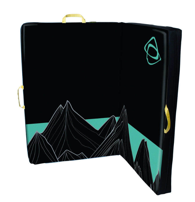 the asana hero crash pad in  black color with some mountains