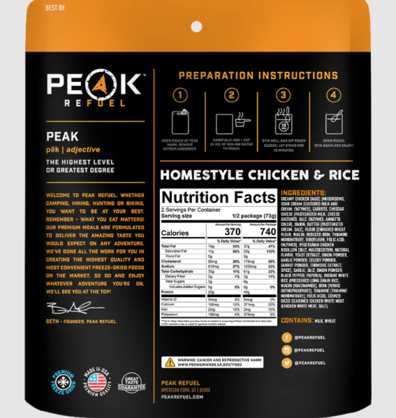 Peak Refuel homestyle chicken & rice package with preparation instructions and nutrition facts.