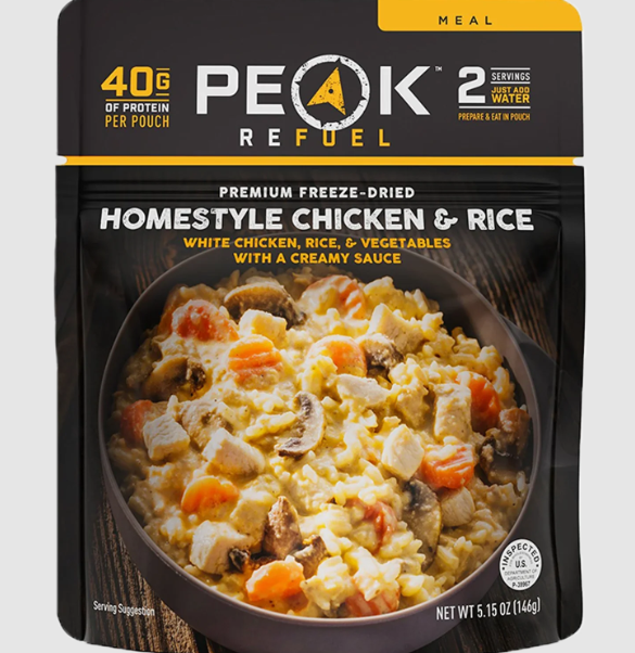 PEAK REFUEL homestyle chicken and rice meal package on a gray background