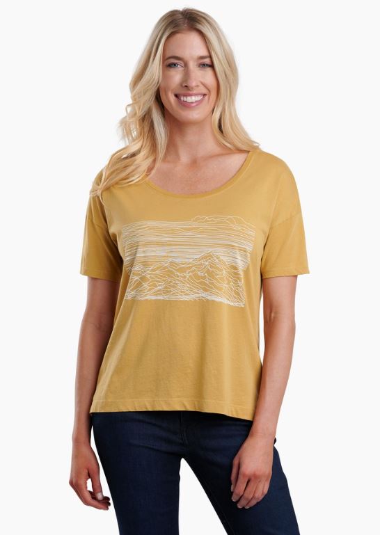 the kuhl women's mountain sketch tee in the color honey, front view on a model
