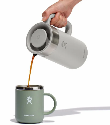 hydroflask 32 oz french press in tonal birch pouring coffee