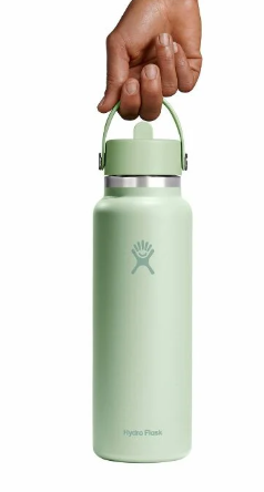 hydroflask 40oz wide mouth flex straw bottle in aloe with hand for size reference