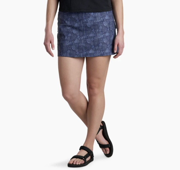 the kuhl womens kruiser getaway skort on a model in the color indigo woodland, front view