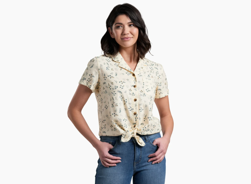 the kuhl womens elsie shirt on a model in the color ivory tracks, front view