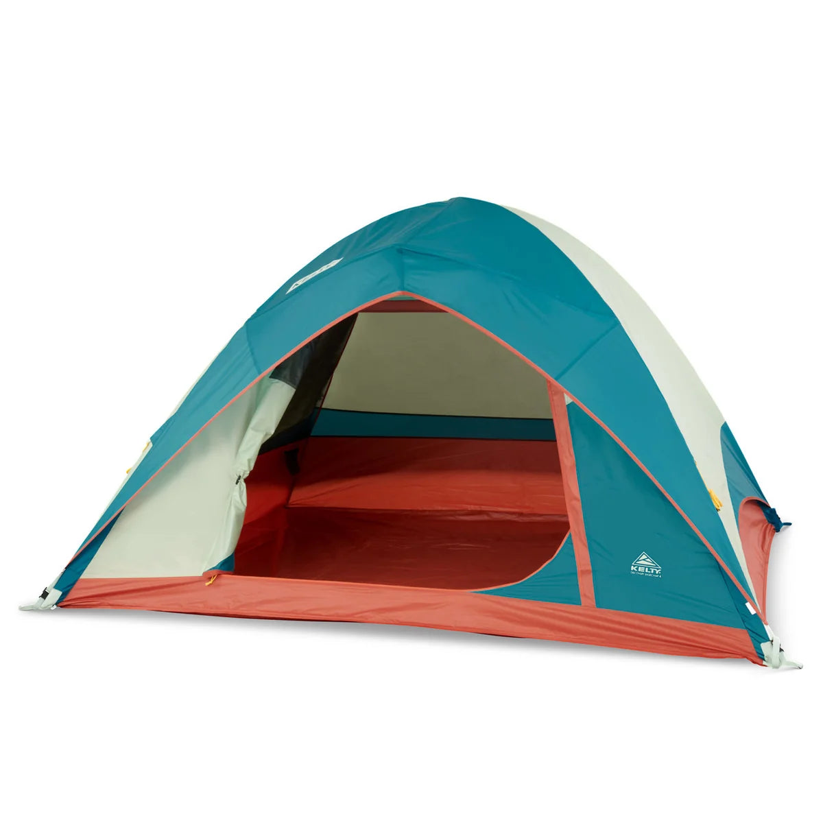 Camping tent with blue, red, and white colors on a white background