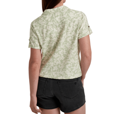 kuhl liliana shirt in sea foam print on a model back view