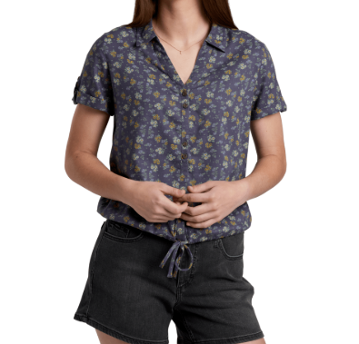 kuhl liliana shirt in mystic print front view on a model